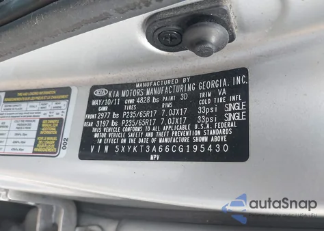 2012 Kia Sorento Lx from USA, damaged, VIN 5XYKT3A66CG195430